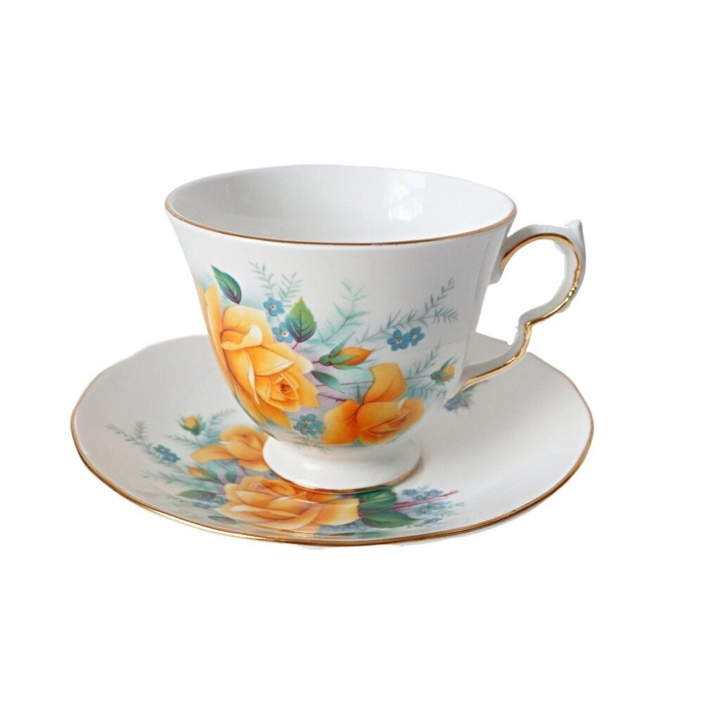 Teacup and Saucer Vintage Queen Anne Fine Bone China England Yellow Roses